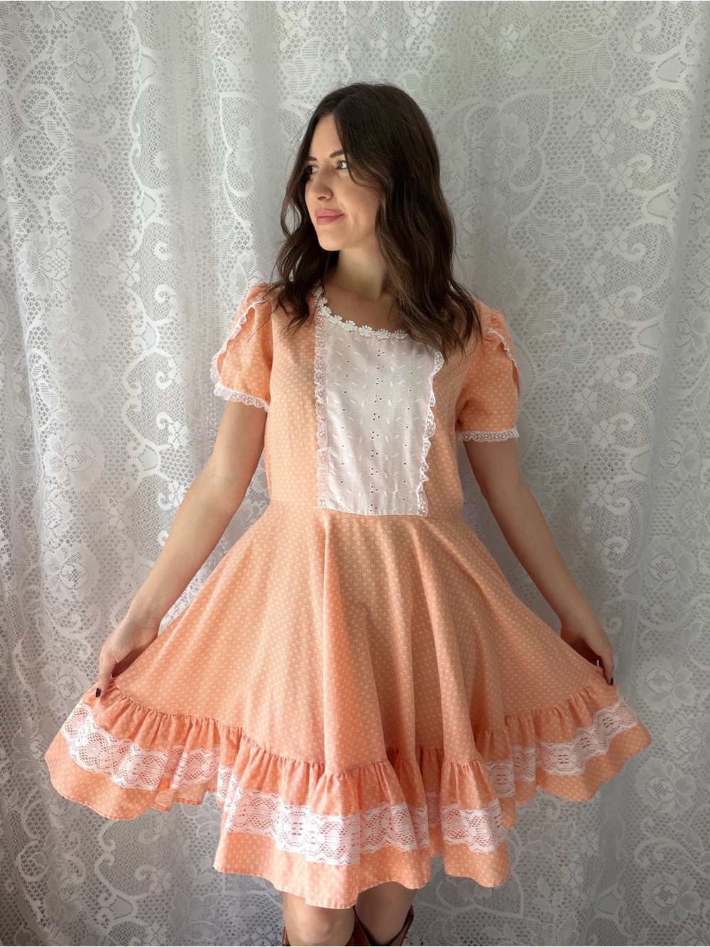 Vintage Handmade Peach Floral Prairie Dress Eyelet Lace Cottagecore